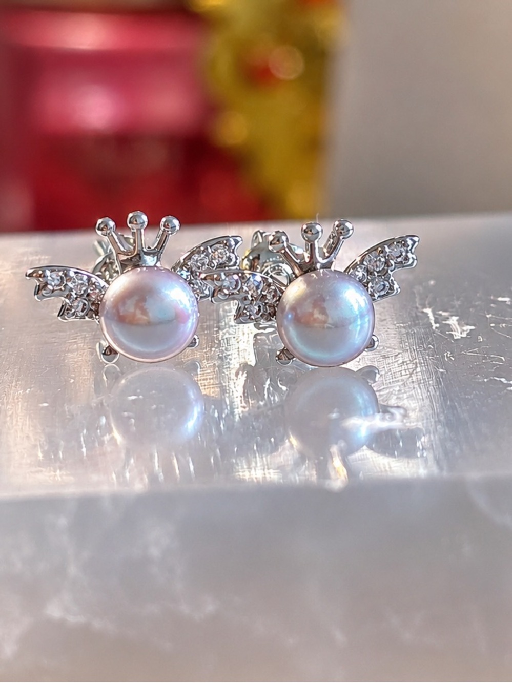 Sterling Silver Pearl Crown & Bat Wings Stud Earrings - Lavender Pearlescent